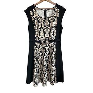 P&S Dress 2XL Black Beige Damask Print Sleeveless Party Cocktail Career Made USA